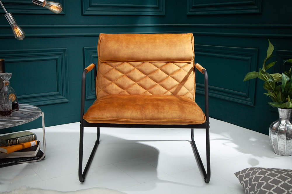 Retro Lounge Sessel MUSTANG LOUNGER senfgelb Samt mit Ziersteppung