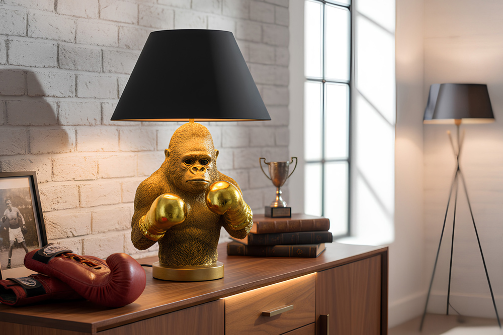 Handgefertigte Tischlampe KING APE 55cm schwarz gold Stoffschirm Affen-Skulptur