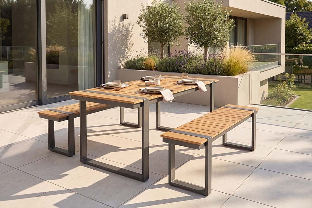 Wetterfester Gartentisch TAMPA LOUNGE 125cm grau natur Aluminium Metall Holz-Design Outdoor