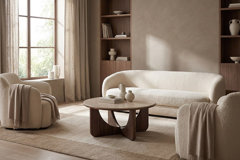 Runder Couchtisch ENSO 80cm champagner greige Travertin Keramik Walnussholz