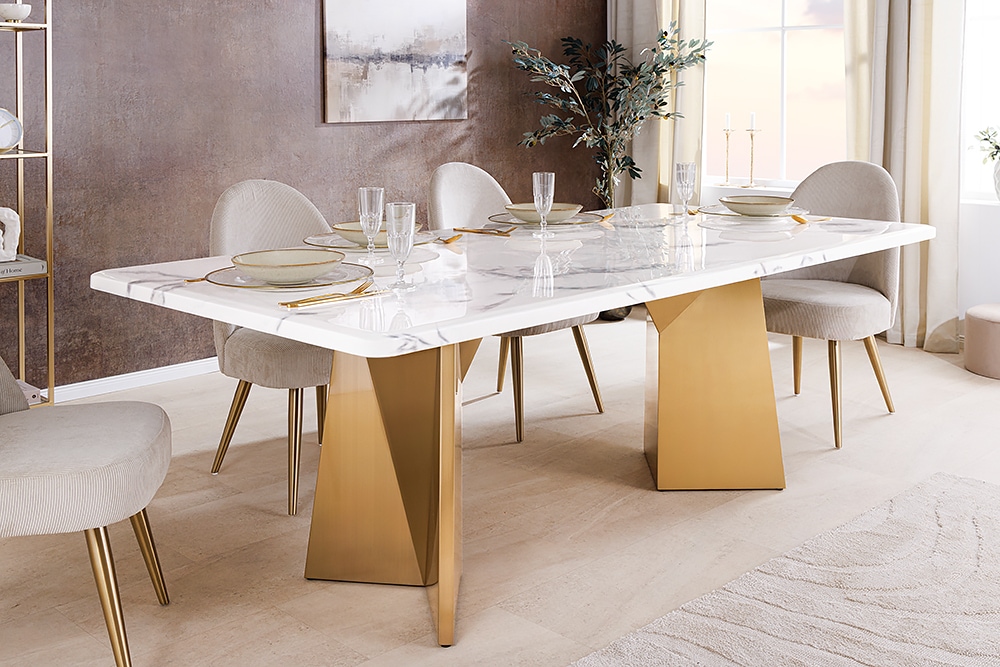 Design Esstisch EXTRAVAGANCIA 200cm weiß Marmor Metall brushed champagner gold » Jetzt kaufen