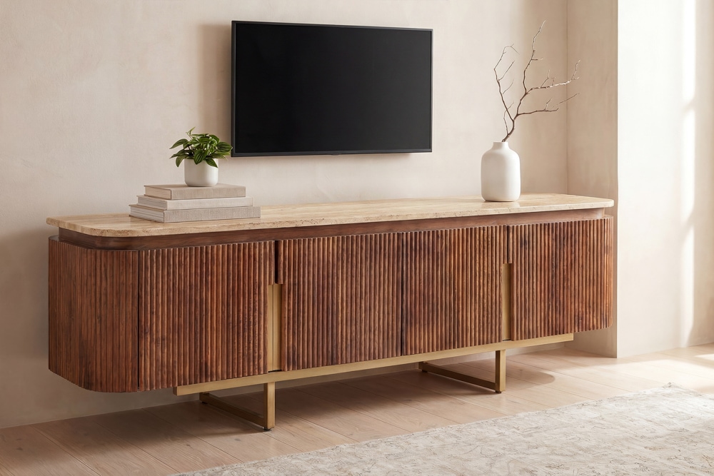 Design TV-Board GATSBY 160cm braun gold Mangoholz mit Travertin Metallgestell