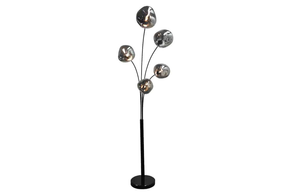 Design Stehlampe LIQUID DIAMOND 200cm schwarz smoke grau fünf Glasschirme mit Marmorfuß