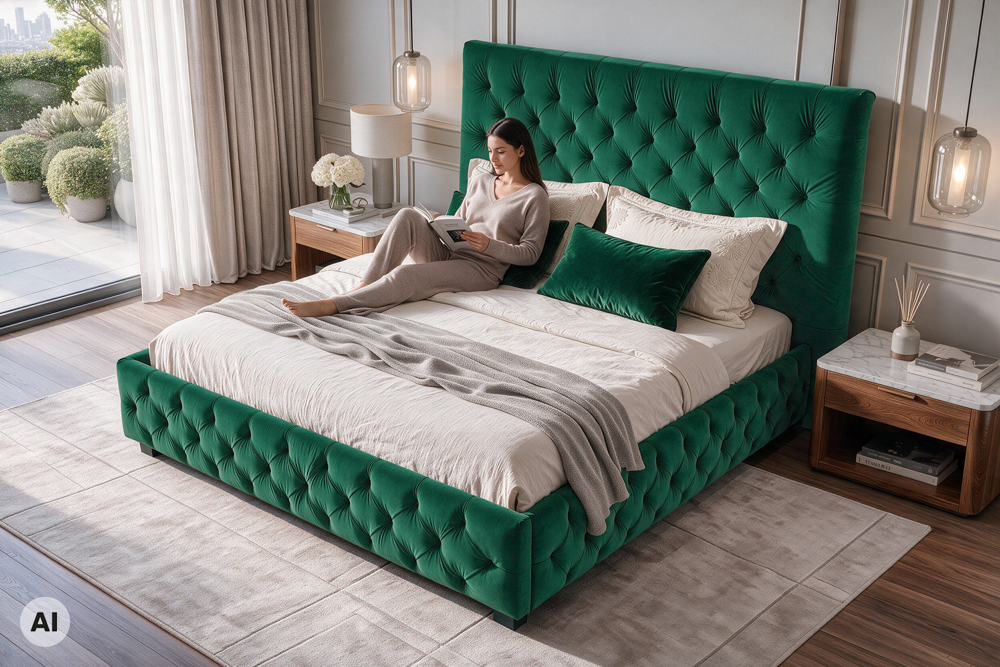 Design Boxbett PARIS 180x200cm dunkelgrün Samt Chesterfield Doppelbett