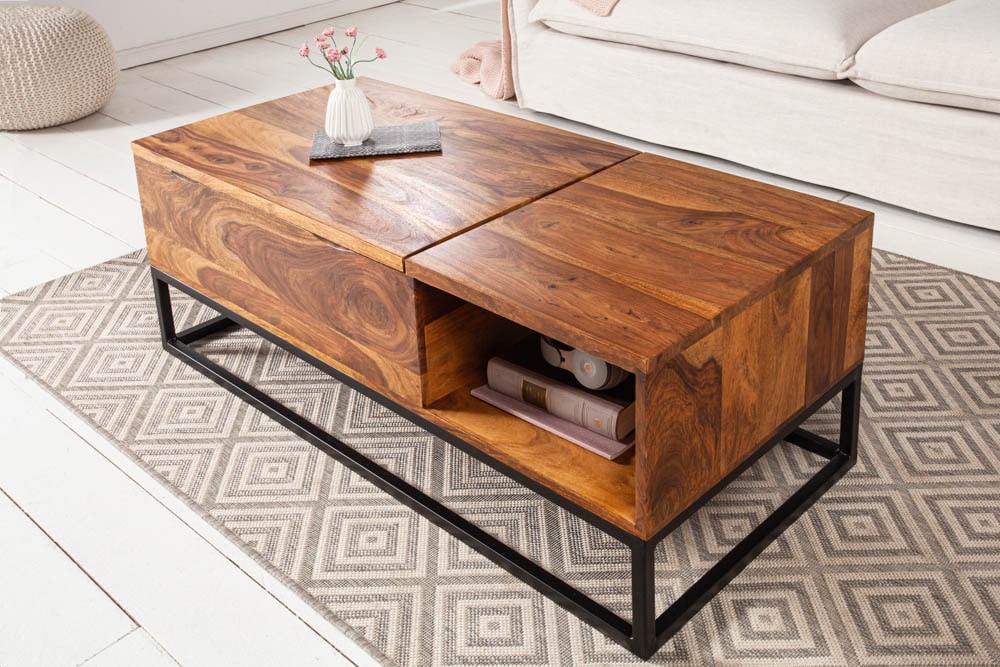 Höhenverstellbarer Couchtisch MAKASSAR FUNCTION 110cm braun Sheesham Massivholz stone finish