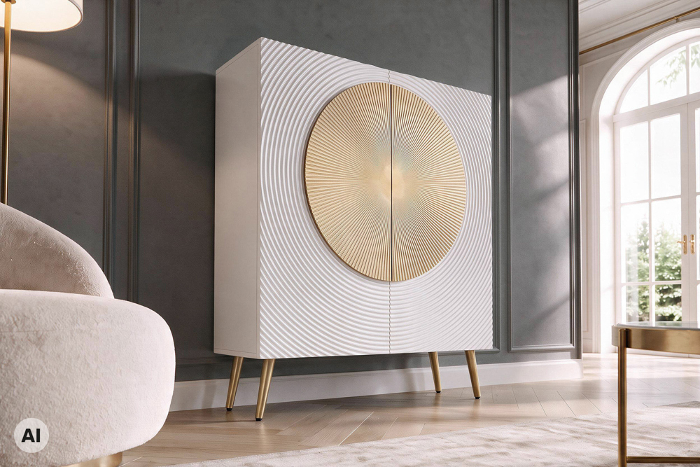 Massives Highboard AURUM 120cm weiß mit ikonischem Gold-Element