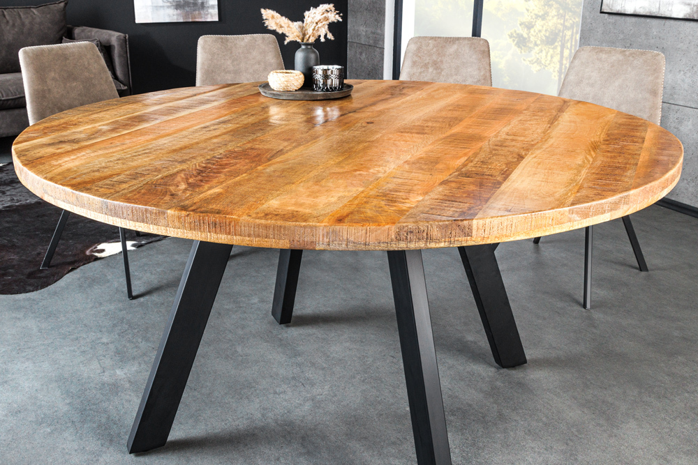 Massiver Esstisch IRON CRAFT 140cm natur rund Mangoholz Metall Industrial Design