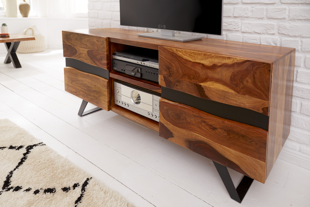 Massives TV-Lowboard AMAZONAS 160cm braun Sheeshamholz mit Baumkante