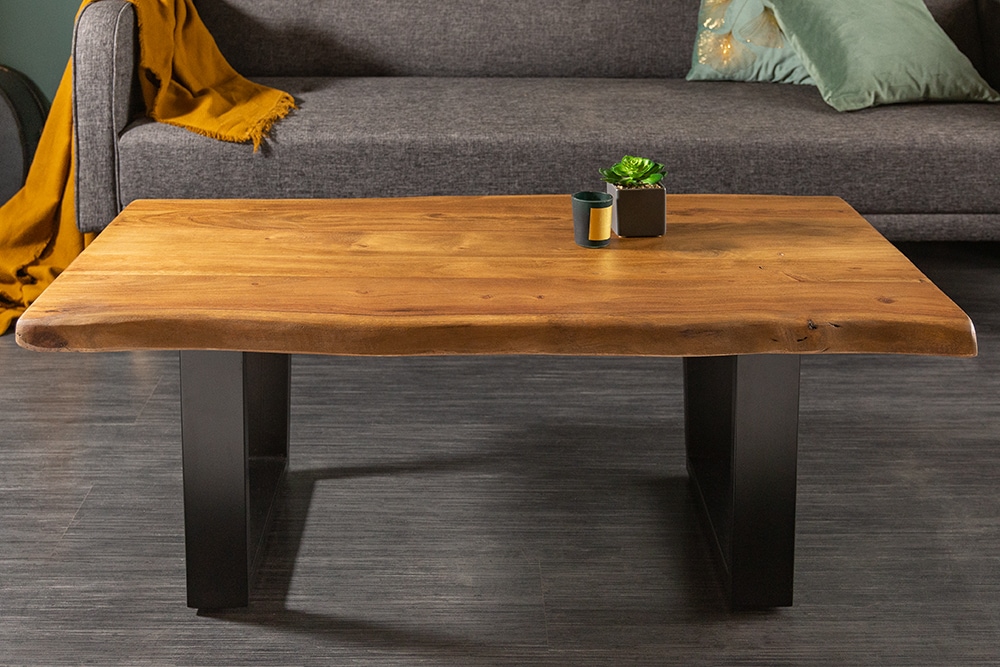 Massivholz Baumstamm Couchtisch MAMMUT 110cm Akazie schwarzes Metallgestell 3,5cm Tischplatte
