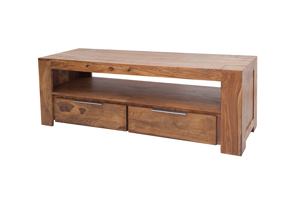 Massives TV-Board MAKASSAR 130cm braun Sheesham stone finish Lowboard zwei Schubladen