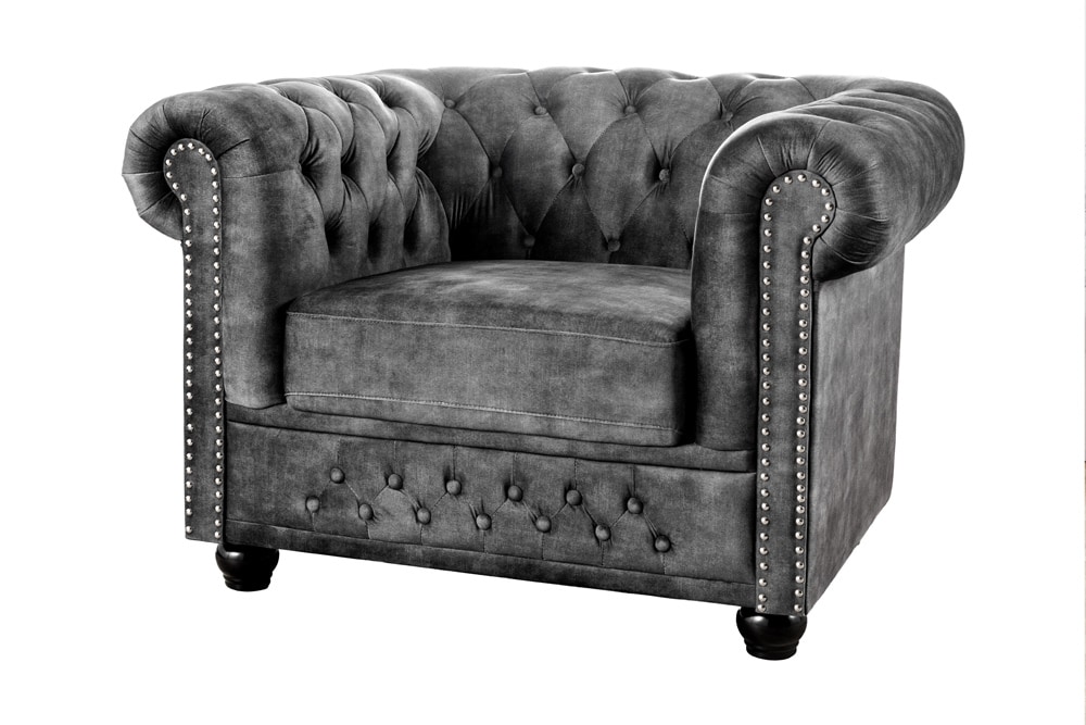 Barocker Sessel CHESTERFIELD grau Samt Federkern mit Knopfheftung