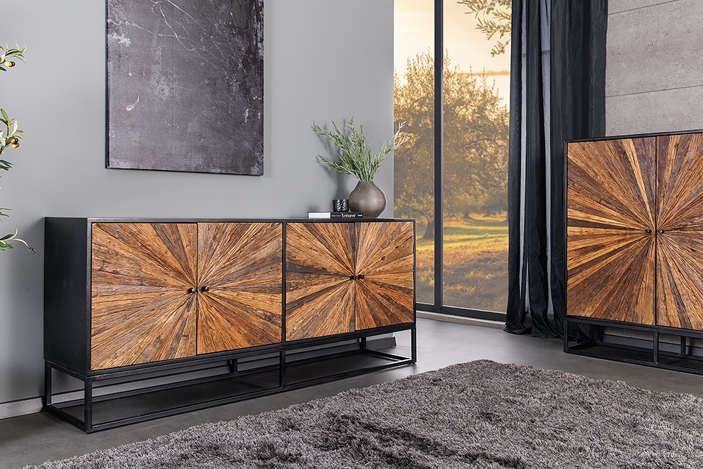 Massives Sideboard BARRACUDA 180cm braun Mangoholz mit Teakholz-Front schwarz Metall