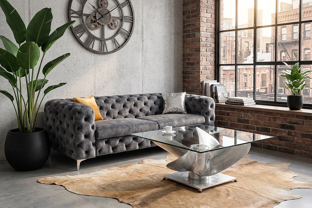 Maritimer Couchtisch OCEAN L 85cm silber antik Schiffsschraube mit Glasplatte