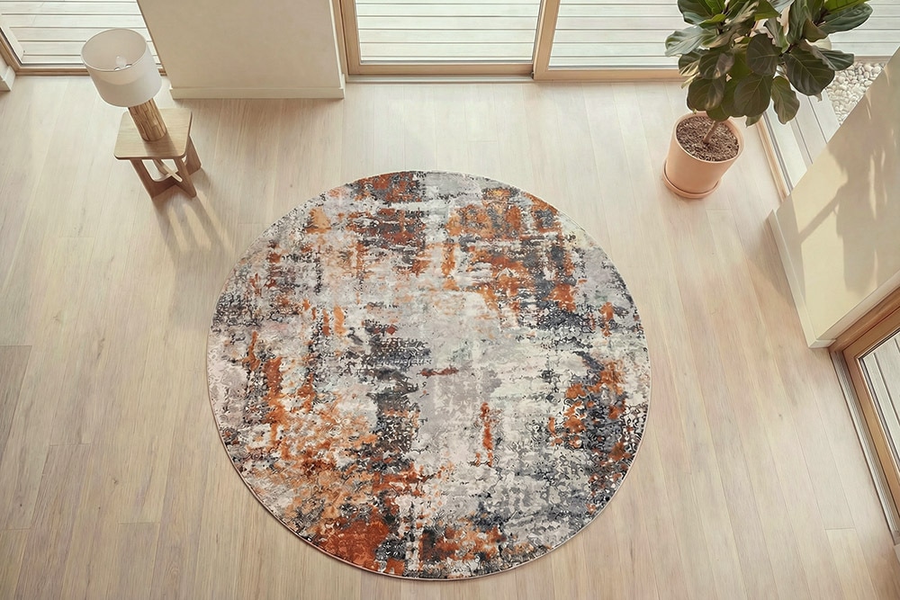 Runder Design Teppich MODERN ART 230cm beige grau kupfer Kurzflor Indoor