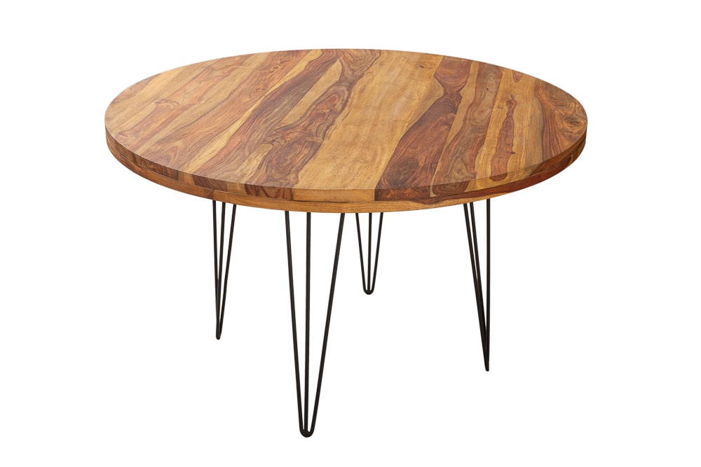 Runder Esstisch MAKASSAR 120cm braun Sheesham Massivholz stone finish Hairpin Legs