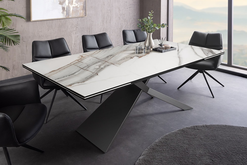 Ausziehbarer Esstisch EUPHORIA 180-220-260cm weiß Carrara Oro Keramik schwarz Metall