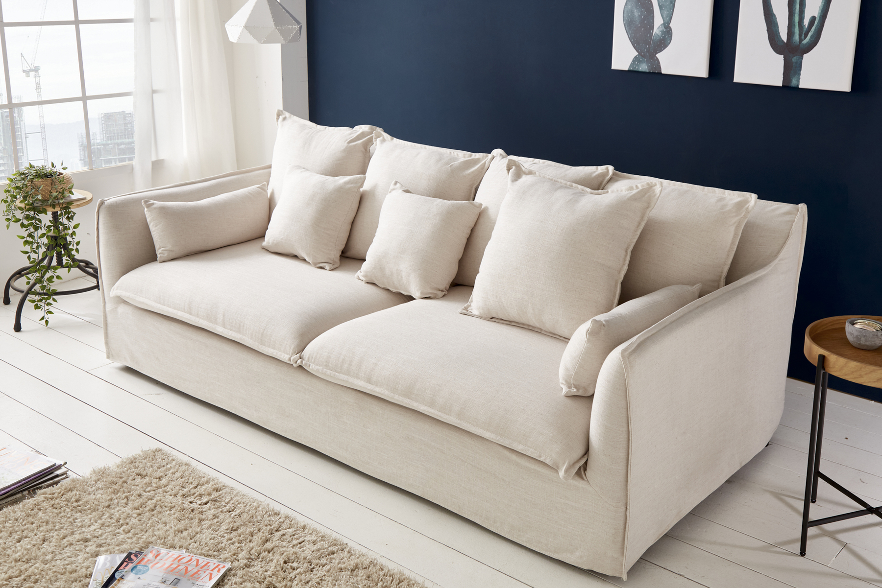 Großes 3-Sitzer Sofa HEAVEN 200cm natur beige Leinenstoff Federkern Hussensofa