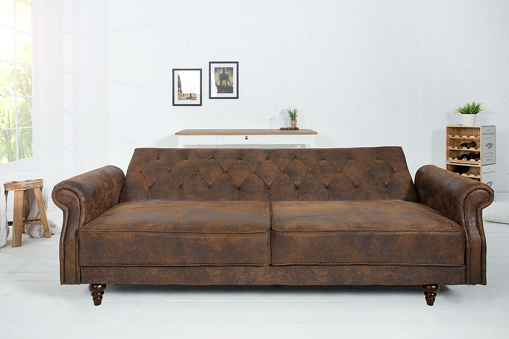 Chesterfield 3-Sitzer Sofa MAISON BELLE AFFAIRE 220cm antik braun Microfaser mit Schlaffunktion