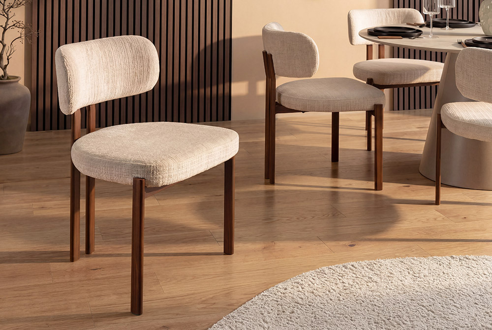 Design Stuhl BELLANO creme beige Chenille Cremona Metallgestell Walnuss » Jetzt kaufen