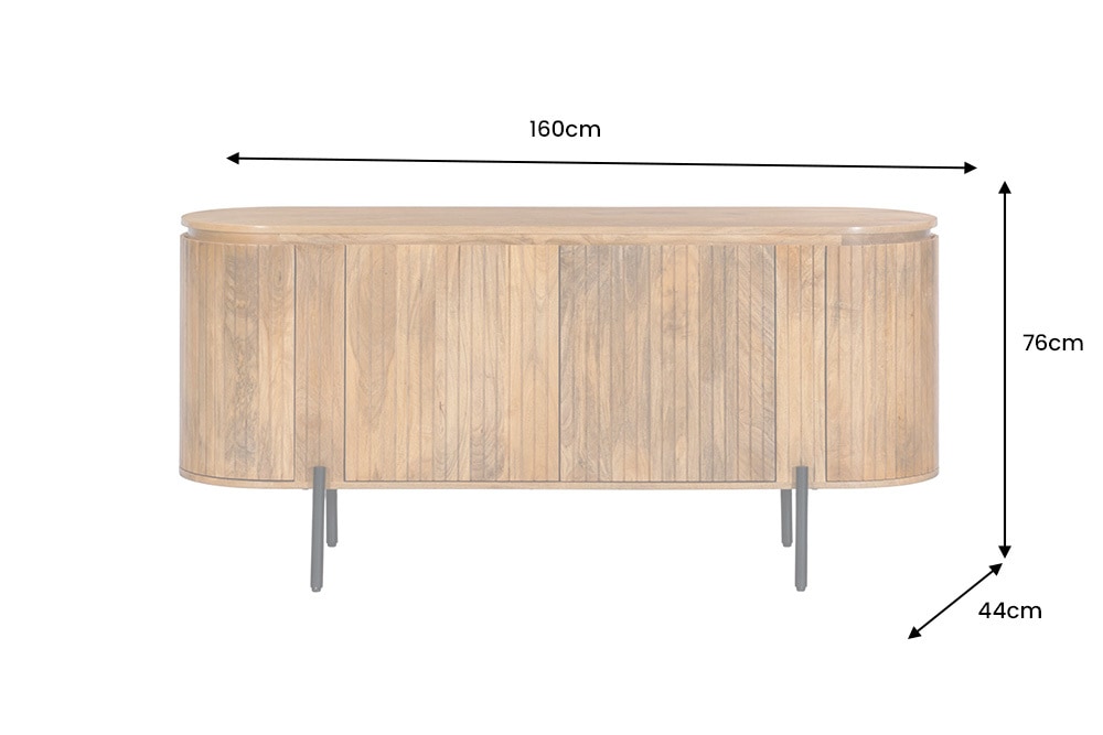 Massives Sideboard GATSBY 160cm natur Mangoholz schwarz Metall mit Lamellenfront