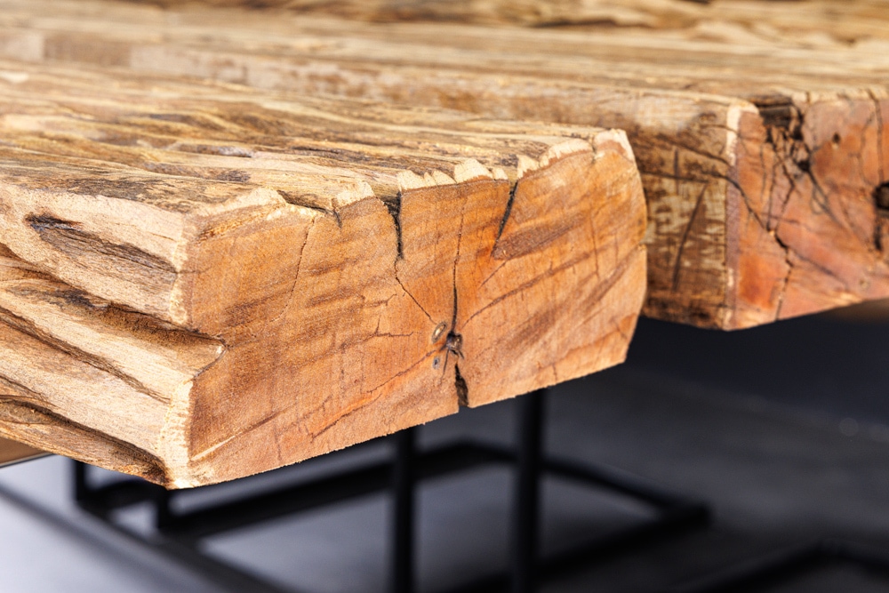 Design Glas Esstisch BARRACUDA 220cm natur Teak Massivholz schwarz Kufengestell