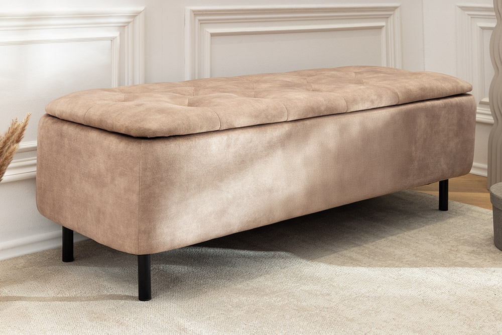 Extravagante Polsterbank EN VOGUE 120cm beige Samt mit Stauraum schwarze Metallbeine