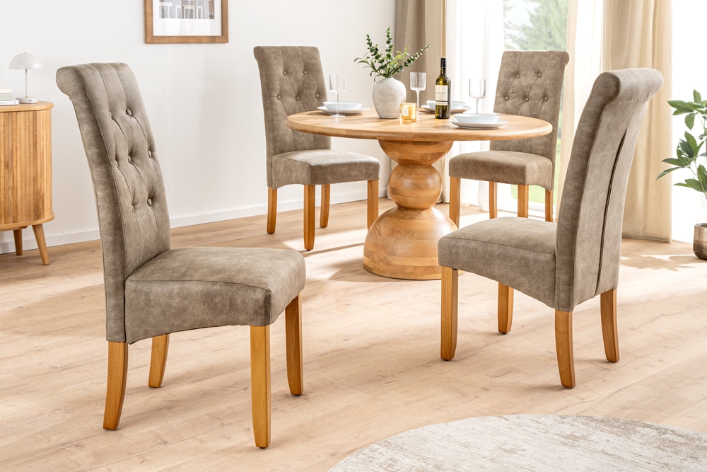 Design Stuhl CASA taupe Microfaser mit Zierknöpfen Massivholzbeine