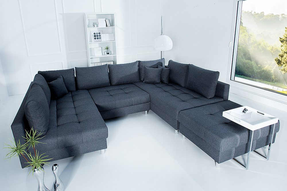 Moderne XXL Wohnlandschaft KENT 305cm anthrazit Federkern Bigsofa inkl. Hocker