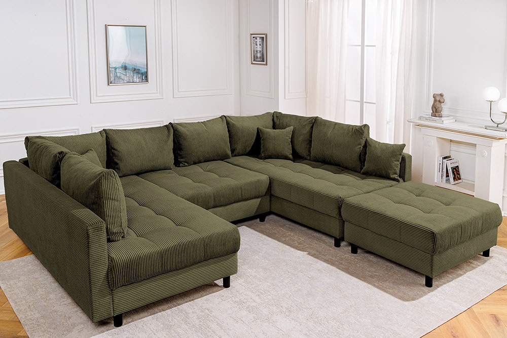 Moderne XXL Wohnlandschaft KENT 305cm grün Cord Bigsofa inkl. Hocker Federkern