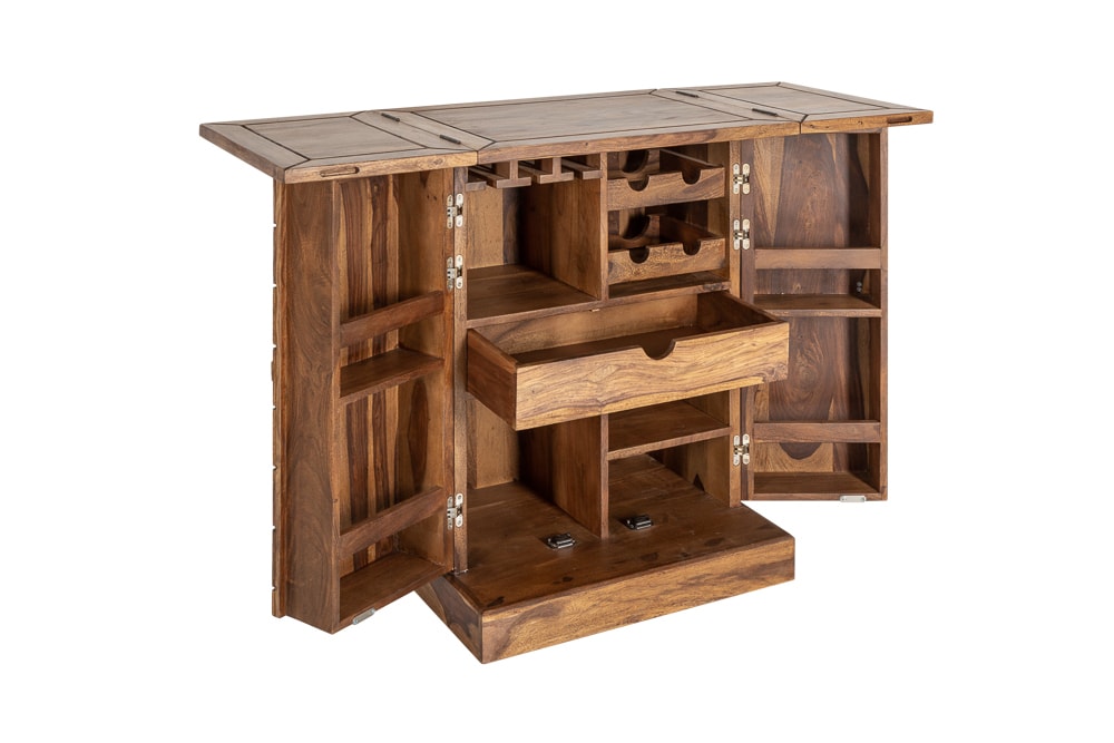 Handgearbeiteter Barschrank MOSAICO 130cm braun Sheeshamholz stone finish 3D Effekt