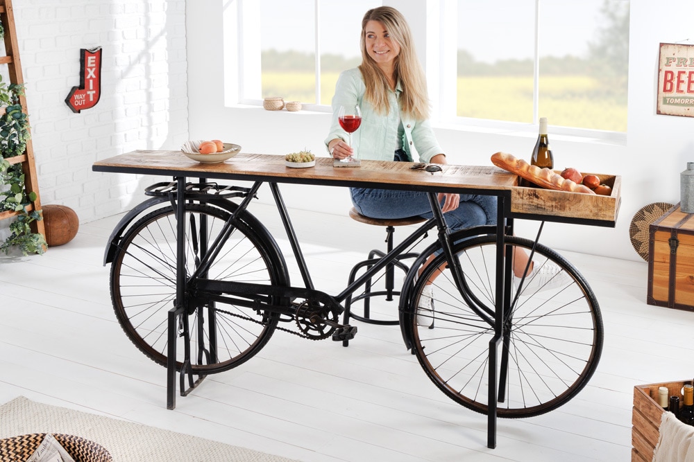 Retro Konsolentisch BICYCLE 195cm Mangoholz Fahrrad Bartisch Upcycling