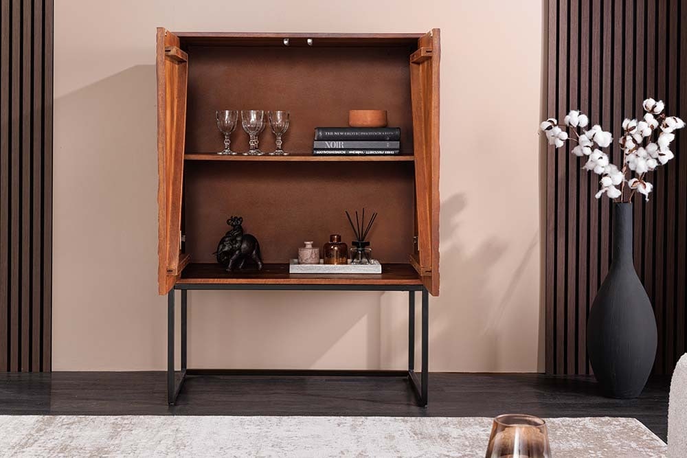 Design Highboard ORBIT 120cm braun Mangoholz mit 3D-Front schwarz Metall