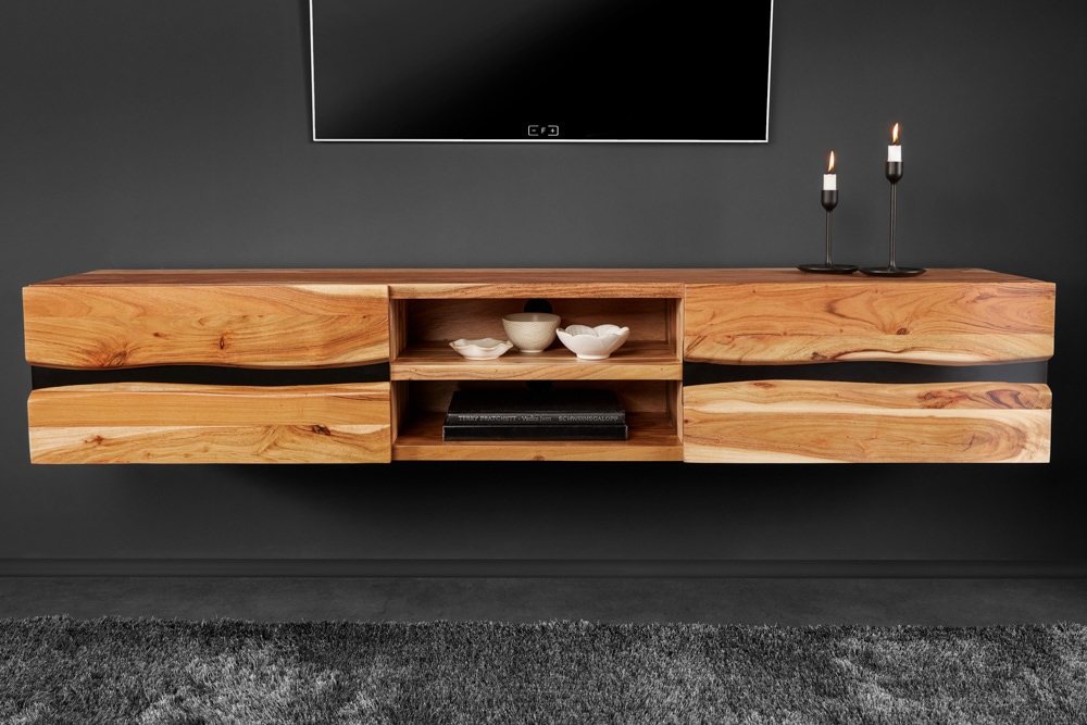 Hängendes TV-Lowboard AMAZONAS 160cm natur Akazie Massivholz Baumkante Metall schwarz
