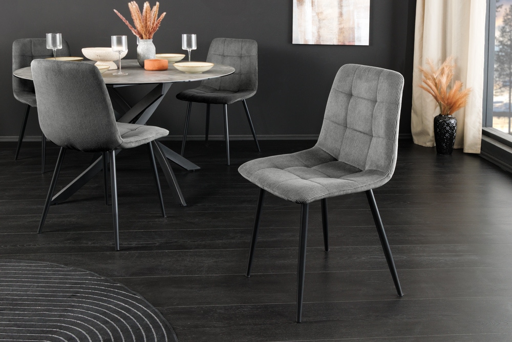 Moderner Design Stuhl TRES CHIC grau Cord schwarze Metallbeine Esszimmer