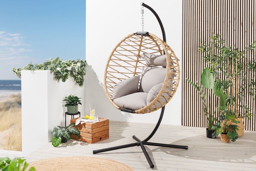 In- und Outdoor Hängesessel IBIZA natur beige Rattan mit Gestell wetterfest inkl. Kissen In- und Outdoor Hängesessel IBIZA natur beige Rattan mit Gestell wetterfest inkl. Kissen