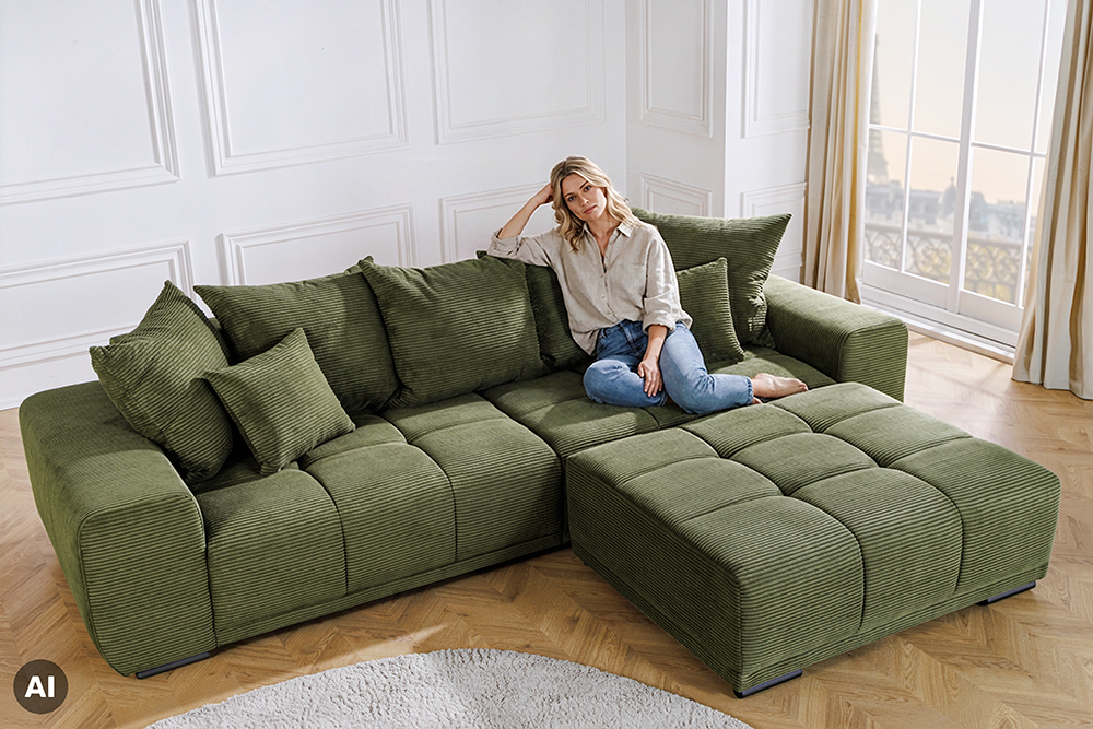 Modernes XXL Sofa ELEGANCIA 285cm grün Cord Federkern inklusive Kissen Bigsofa