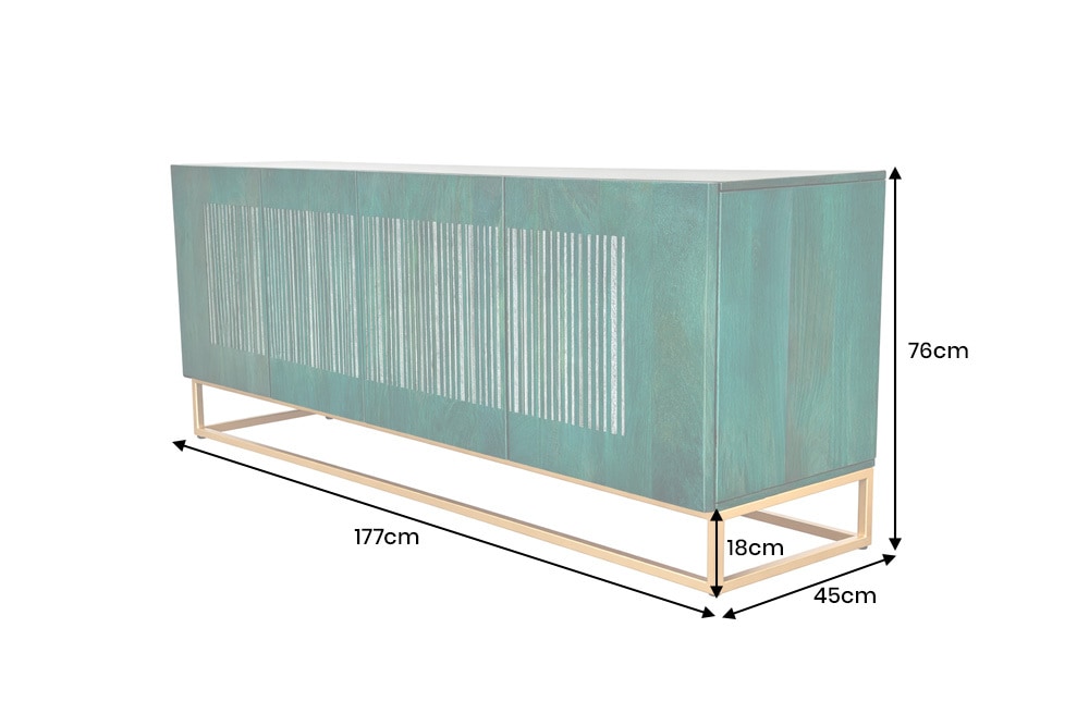 Massives Sideboard ONYX 180cm türkis Mangoholz Achat Edelstein gold Metallgestell