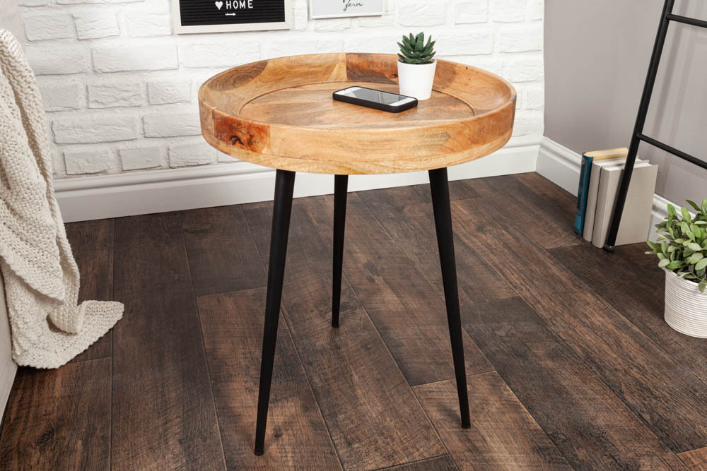 Massiver Beistelltisch PURE NATURE 45cm natur Mangoholz rund mit schwarzen Metallbeinen