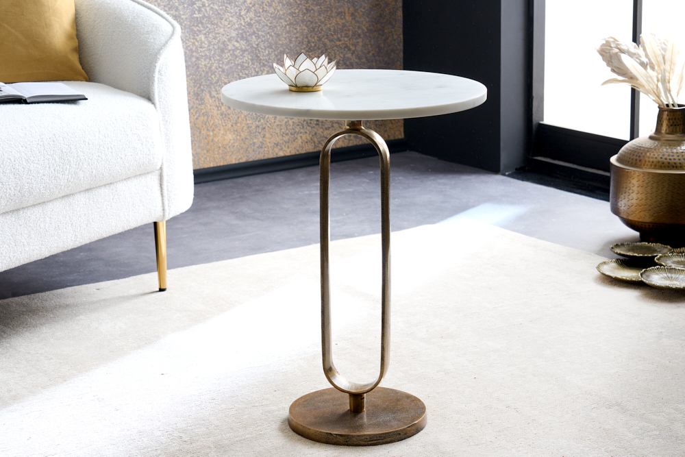 Runder Beistelltisch ELEGANCE 60cm weiß gold antik Marmor Metall Aluminium handmade