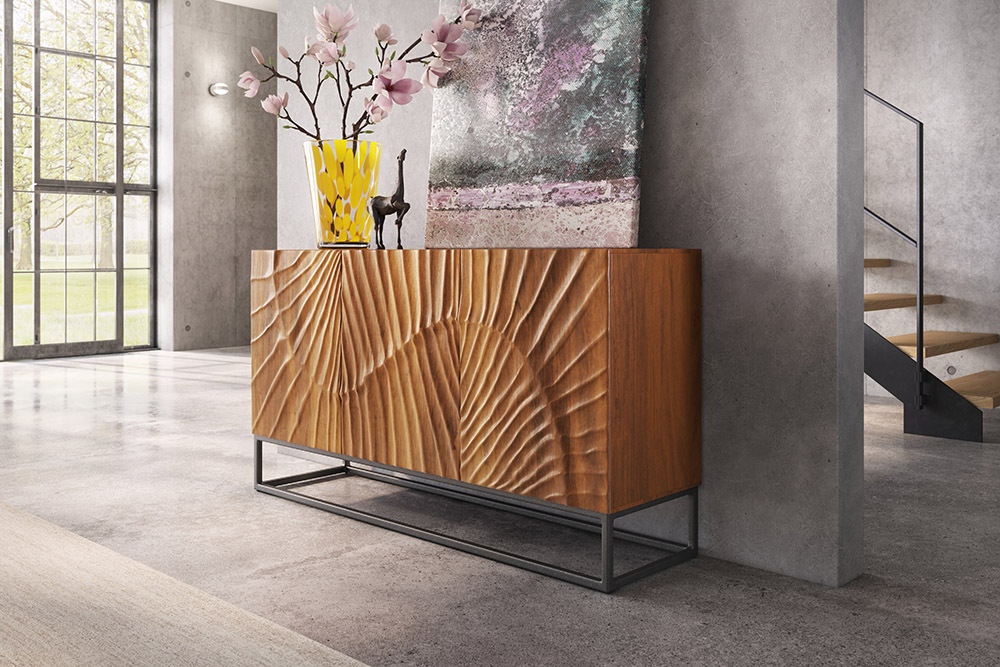 Massives Sideboard SCORPION 140cm braun Mangoholz aufwendige 3D Schnitzereien