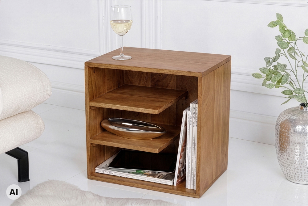 Massiver Beistelltisch CUBUS 45cm braun Mangoholz honey finish Regal Nachttisch