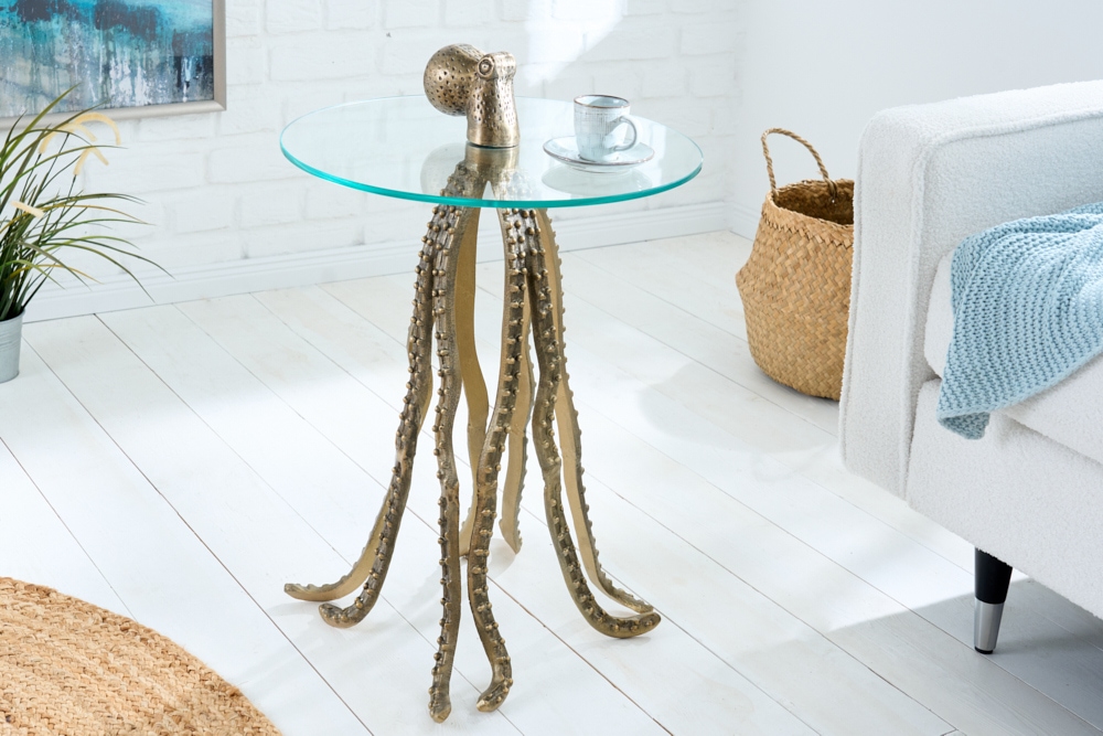 Runder Beistelltisch WILDLIFE OCTOPUS 70cm messing gold Metall Glas Skulptur handmade
