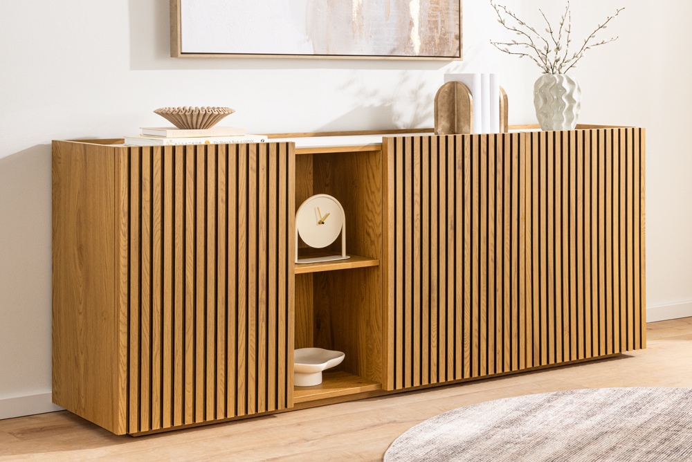 Design Sideboard VICENZA 180cm weiß Keramik natur Eiche Lamellenfront