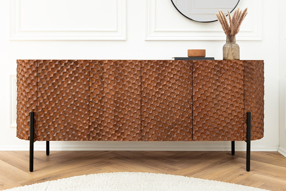 Massives Sideboard ADLON 180cm braun Mangoholz schwarz Metall 3D-Front in Wabenstruktur