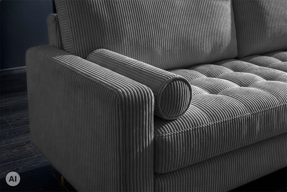 3er Sofa COZY VELVET 220cm grau Cord mit goldener Kappe