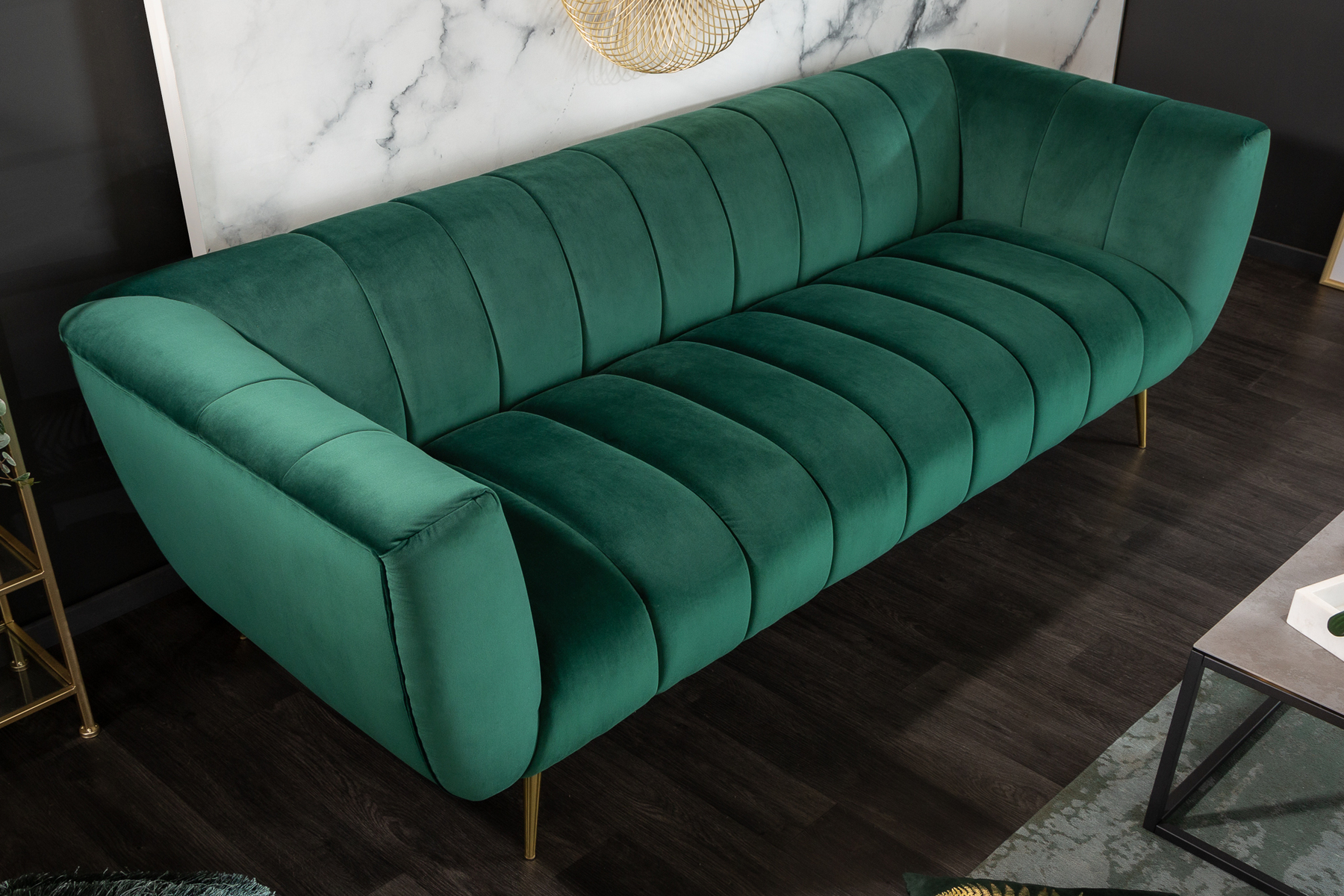 Design 3-Sitzer Sofa NOBLESSE 225cm smaragdgrün Samt Federkern goldene Metallfüße