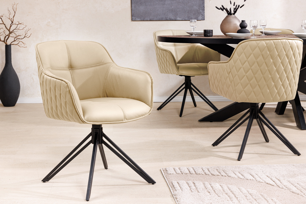 Drehbarer Design Stuhl EUPHORIA beige Echtleder schwarz Metallgestell mit Armlehne » Jetzt kaufen