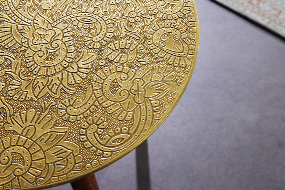 Design Beistelltisch ALCAZAR 50cm antik gold Metall Mangoholz Handarbeit rund