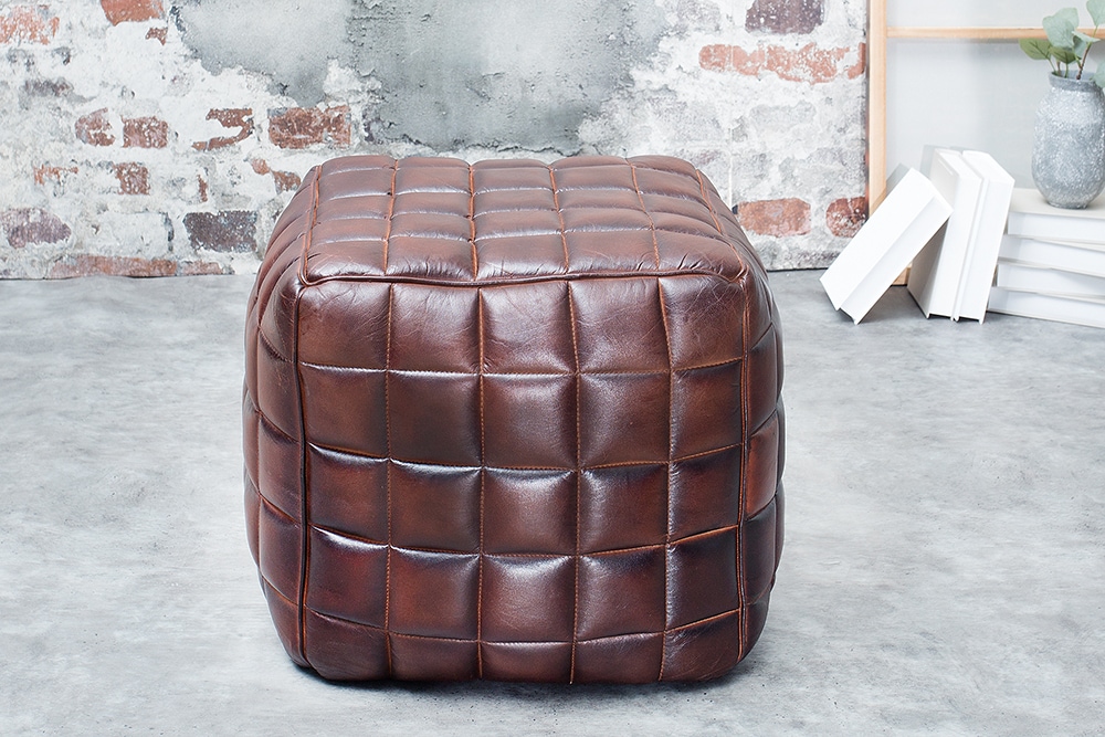 Retro Hocker RIDER 40cm braun Echtleder mit Ziersteppung