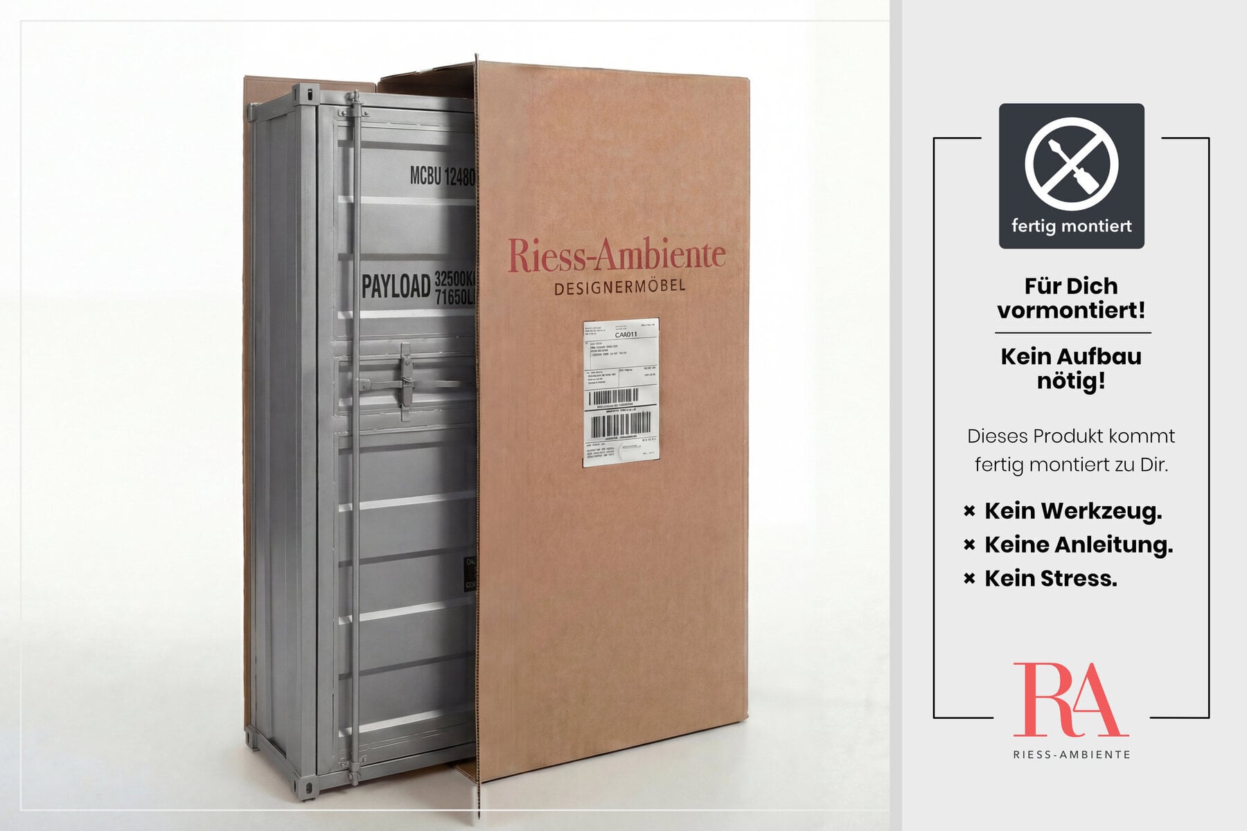 Design Aktenschrank GLOBETROTTER 180cm grau Eisen Container Upcycling Highboard